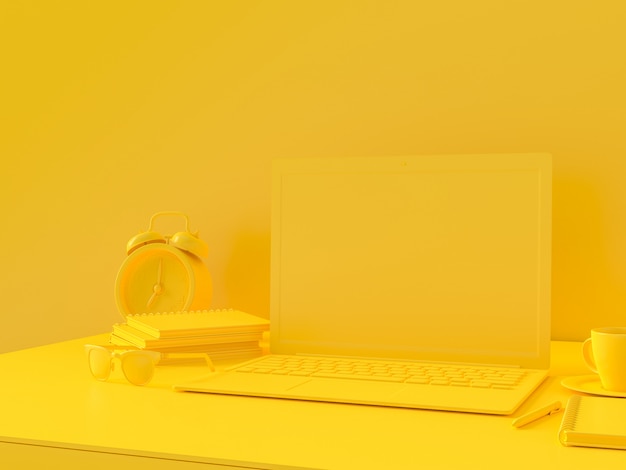 Concepto mínimo, computadora portátil en la mesa Mesa de trabajo color amarillo y maqueta para su texto