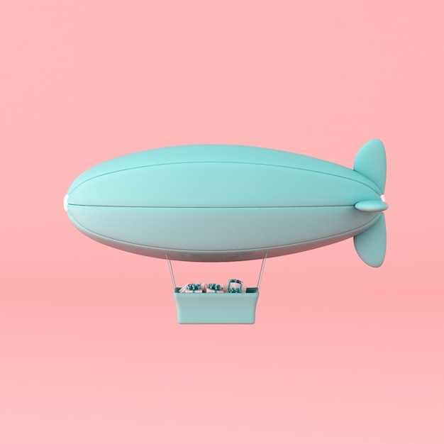 Concepto mínimo de dirigible flotante y caja presente en la cesta en la pared en colores pastel. Representación 3D