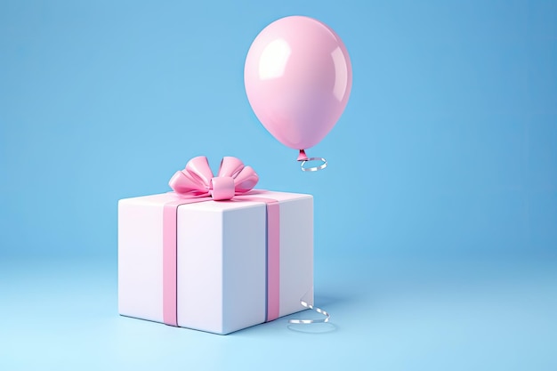 Concepto mínimo de Navidad y Año Nuevo con una caja de regalo blanca, cinta azul y globo en un respaldo rosa