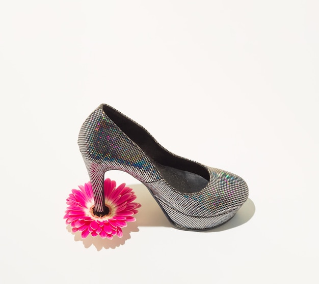 Concepto de moda minimalista con flor de Margarita rosa y moderno zapato de tacón.Concepto abstracto de primavera.