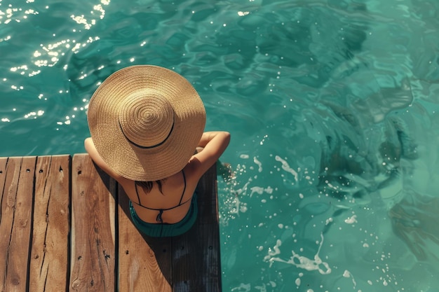 Foto concepto de moda de vacaciones de verano mujer bronceadora con sombrero de sol en un muelle de madera vista desde arriba