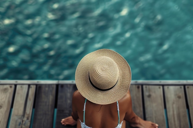 Concepto de moda de vacaciones de verano mujer bronceadora con sombrero de sol en un muelle de madera vista desde arriba