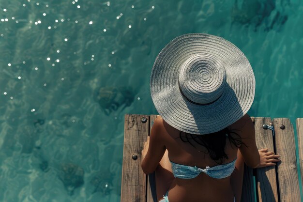 Concepto de moda de vacaciones de verano mujer bronceadora con sombrero de sol en un muelle de madera vista desde arriba