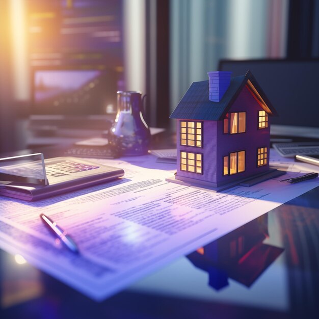 Concepto de modelo 3d de una pequeña casa de vivienda en un documento de contrato de mesa y demostrando el futuro
