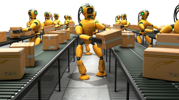 Concepto moderno de clasificación automatizada precisa en la producción o la entrega de robots que mueven cajas desde el transportador hasta el transportador