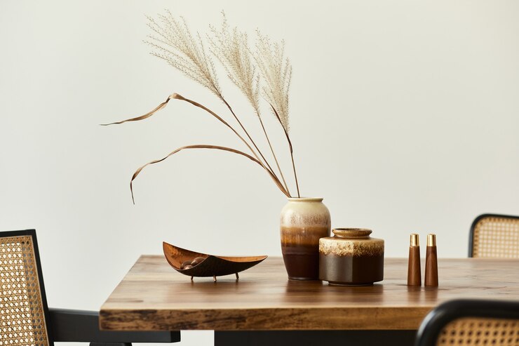 Concepto moderno de interior de comedor con mesa de madera, sillas, plato con nueces, salero y pimentero y flor seca en florero. Pared blanca. Detalis.