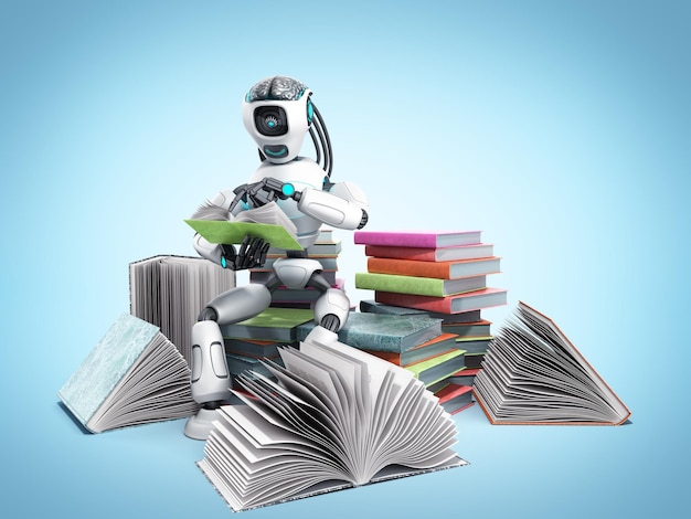 concepto moderno de pieza de inteligencia robot está leyendo libros sentado en una pila de libros3d render en gradiente azul