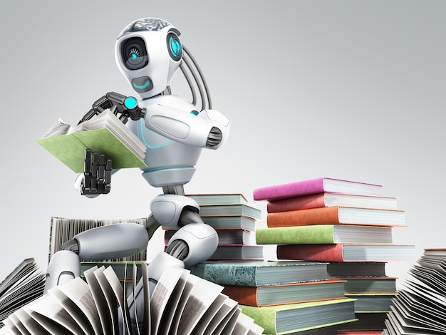 concepto moderno de pieza de inteligencia robot está leyendo libros sentado en una pila de libros3d render en gris