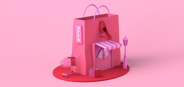 Concepto moderno de tienda de moda con bolsa de compras gigante Compras en línea Espacio de copia Ilustración 3D