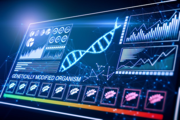 Concepto de modificación de genes de biología científica Proyección holográfica Investigación de medicina futurista terapia génica análisis de salud laboratorio química ilustración Holograma sobre fondo azul borroso Representación 3D