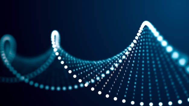 Concepto de molécula de ADN de inteligencia artificial. El ADN se convierte en un código binario. Concepto de genoma de código binario. Molécula de ADN de tecnología abstracta con genes modificados. Ilustración 3D