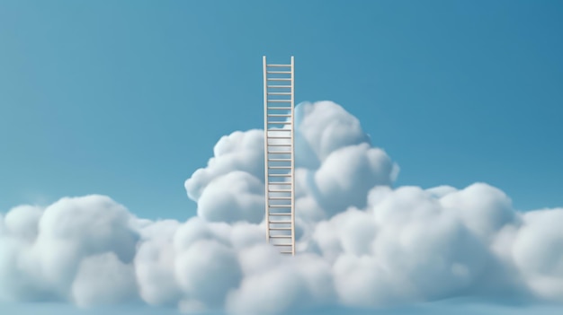 Concepto de motivación idea de escalera que conduce a una nube de algodón hinchada sobre un fondo azul