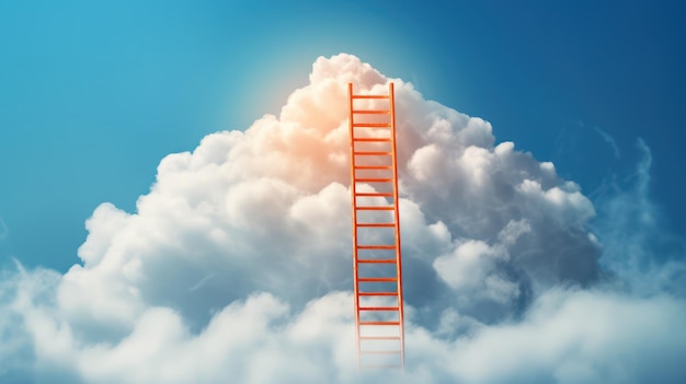 Concepto de motivación idea de escalera que conduce a una nube de algodón hinchada sobre un fondo azul