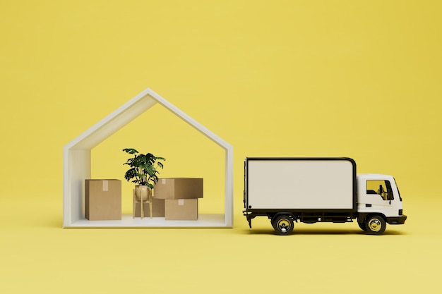 El concepto de mover los servicios de mudanza de la empresa el marco de la casa con cajas y un camión.