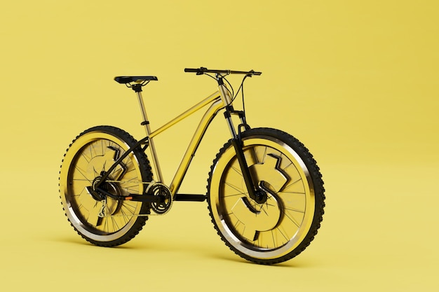 El concepto de moverse en una bicicleta con un marco amarillo sobre un fondo amarillo 3d render