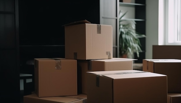 Concepto de movimiento muchas cajas de cartón con cosas empacadas y una planta de interior en una habitación vacía generada por IA