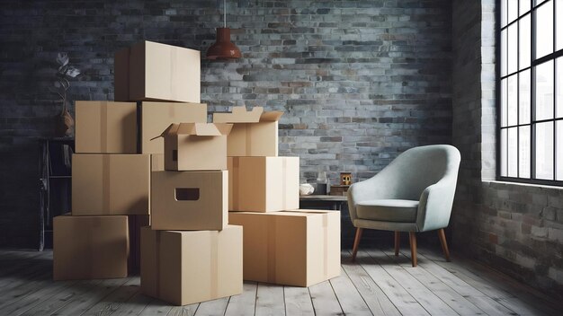 Concepto de mudanza de casa con cajas de cartón apiladas en una habitación