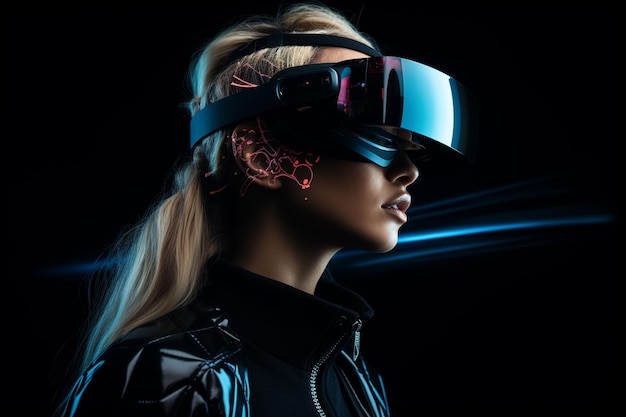 Concepto de mujer elegante con gafas VR con experiencia en tecnología