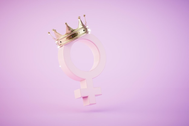 El concepto de la mujer de la reina una insignia de mujer en una corona sobre un fondo pastel 3D Render