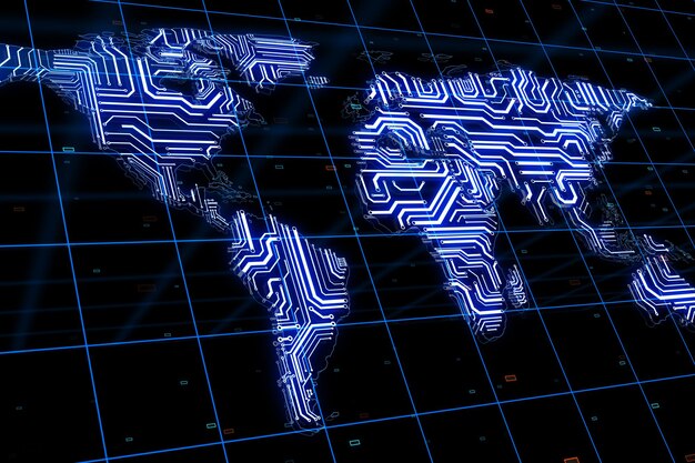 Foto concepto mundial de big data con esquema de mapa mundial de microcircuito en un fondo oscuro abstracto