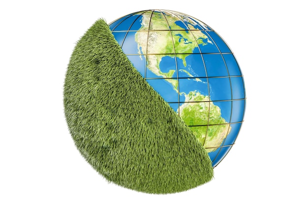 Concepto mundial de ecología Globo de la Tierra en el césped verde representación 3D