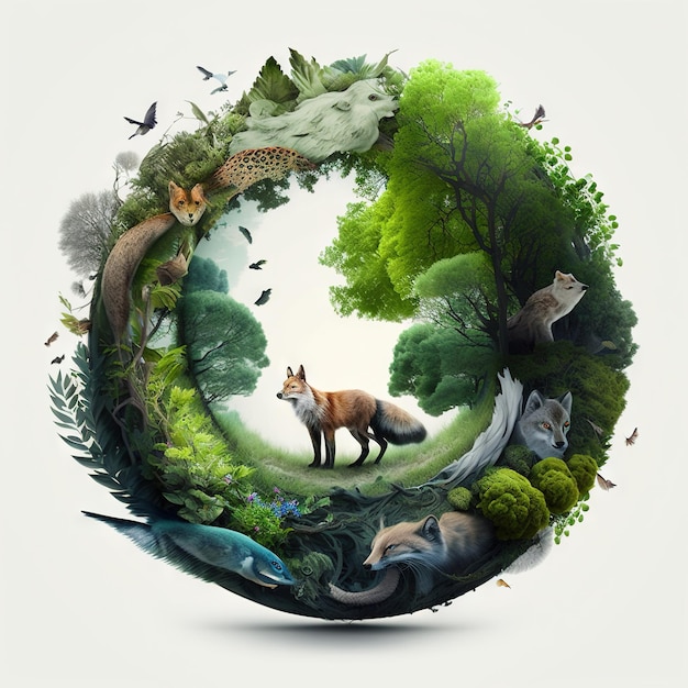 Concepto mundial del medio ambiente y el día de la madre tierra con globo y entorno ecológico.