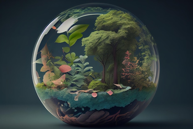 Concepto mundial del medio ambiente y el día de la tierra con globo de cristal y ambiente ecológico Generativo Ai