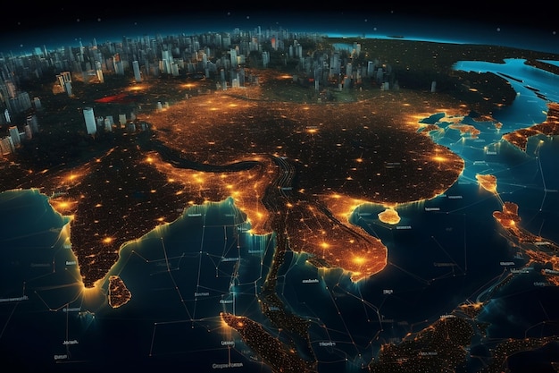 Concepto de mundo digital con conexión de puntos de luz con IA generativa de grandes islas y ciudades