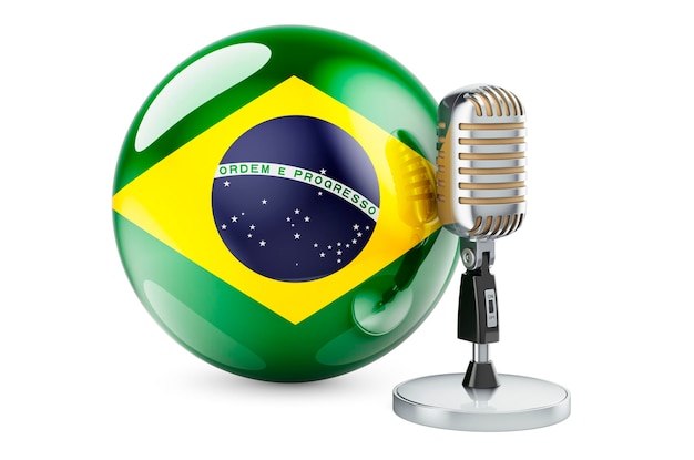 Concepto de música de Brasil Micrófono retro con renderizado 3D de bandera brasileña