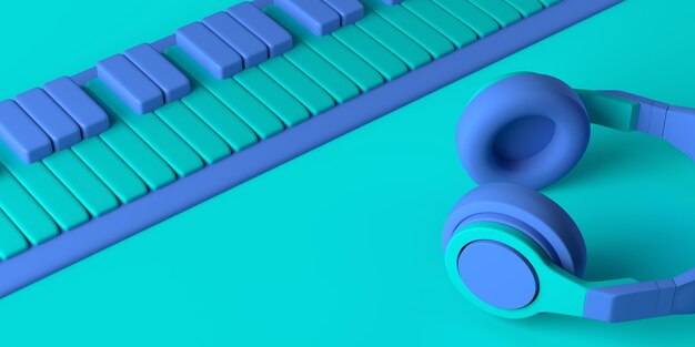 Concepto de música. Piano con auriculares. Copie el espacio. Ilustración 3D.