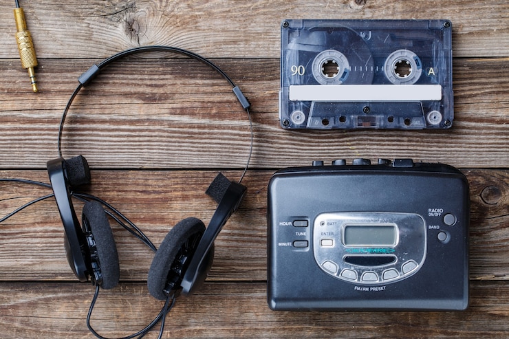 Foto concepto de música. vista superior de la cinta de cassette, reproductor de audio y auriculares.