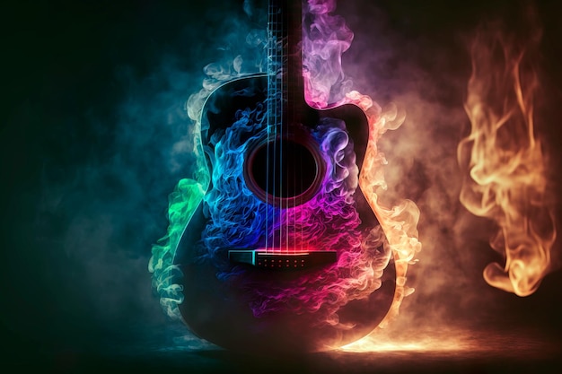Concepto musical Guitarra acústica humo guitarra rock épica AI generativa