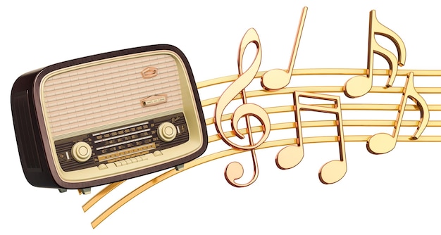Concepto musical Receptor de radio retro con notas musicales renderizado 3d