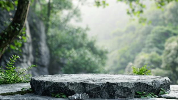El concepto natural del podio de piedra en primer plano sobre el fondo del bosque