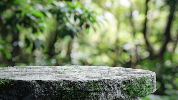 El concepto natural del podio de piedra en primer plano sobre el fondo del bosque