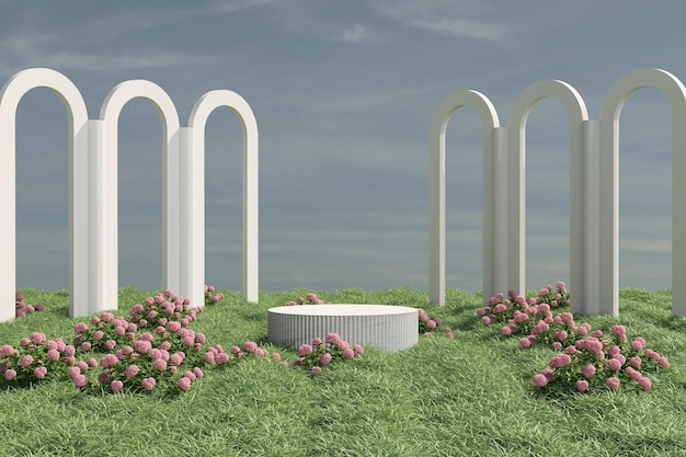 Concepto natural tropical de hoja de maqueta de podio geométrico 3d para exhibir fondo de hierba verde