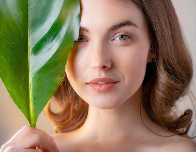 Concepto de la naturaleza mujer con hermosa cara y hoja verde