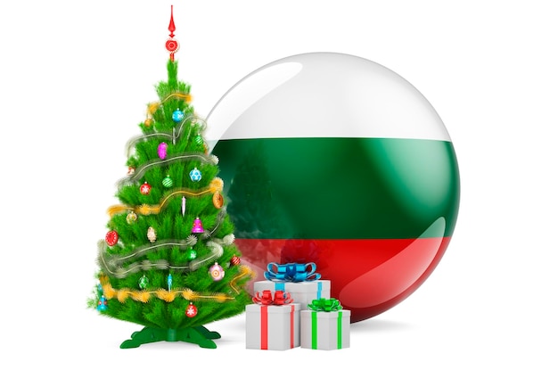 Concepto de Navidad y Año Nuevo en Bulgaria Árbol de Navidad y cajas de regalo con bandera búlgara renderizado 3D