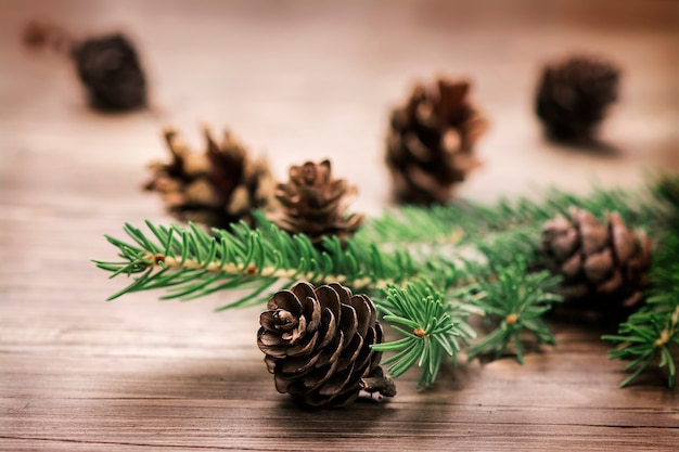 Concepto de Navidad: conos de pino y ramas de abeto sobre fondo de madera.