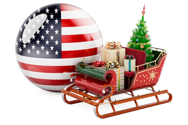 Concepto de Navidad en los EE. UU. Trineo de Papá Noel de Navidad lleno de regalos con la representación 3D de la bandera de los Estados Unidos