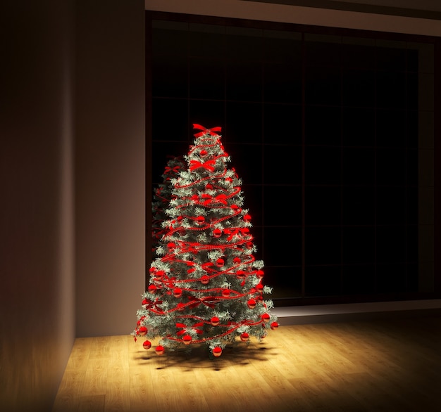 Concepto de navidad interior habitación árbol de navidad interior de la habitación blanca con piso de madera