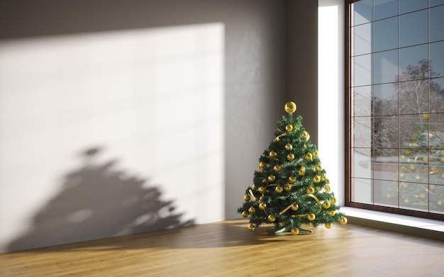 Concepto de navidad interior habitación árbol de navidad interior de la habitación blanca con piso de madera