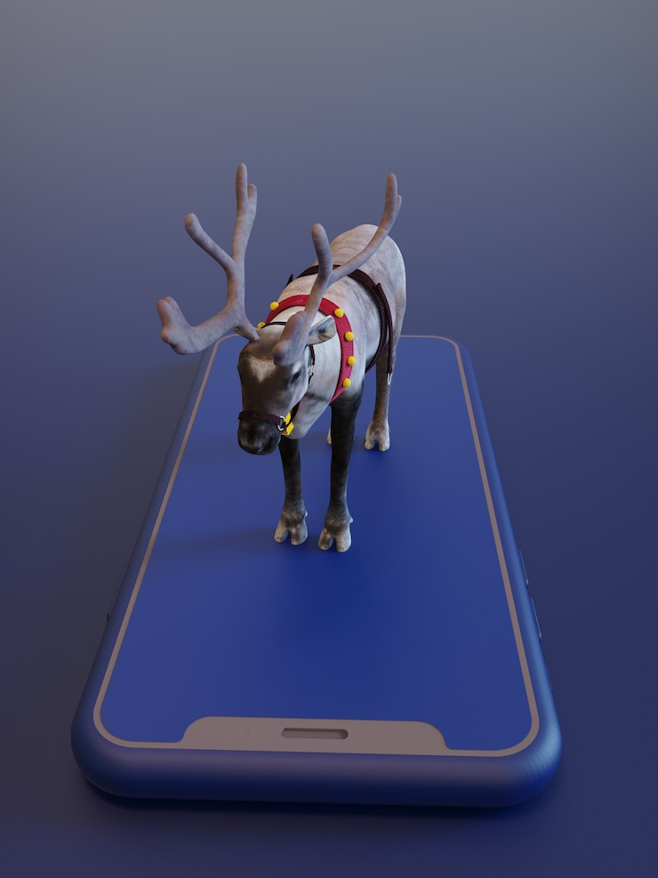 Foto concepto de navidad renderizado de renos 3d en smartphone en tonos azules