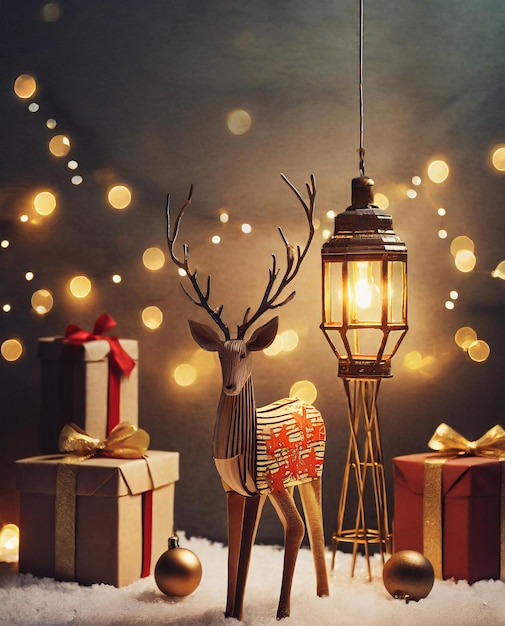 Foto concepto navideño mínimo del día de año nuevo 2024 con regalos de iluminación festiva y decoración de madera