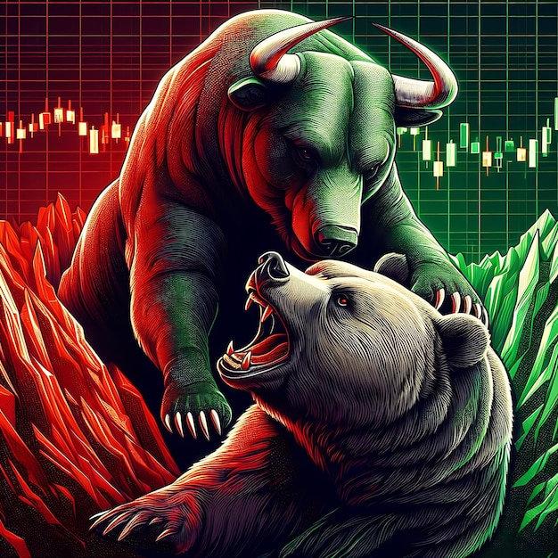 Foto concepto de negociación de acciones en el mercado con toro y oso