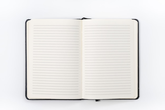 Concepto de negocio - colección de vista superior de cuaderno negro sobre fondo blanco escritorio para maqueta