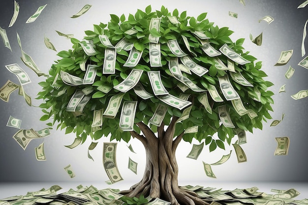 Concepto de negocio de crecimiento de inversiones y finanzas Empresario poniendo una moneda en una maceta y regando un árbol de dinero verde