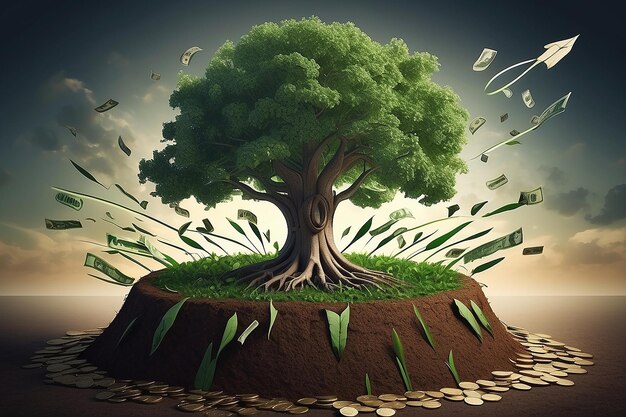 Concepto de negocio de crecimiento de inversiones y finanzas Empresario poniendo una moneda en una maceta y regando un árbol de dinero verde