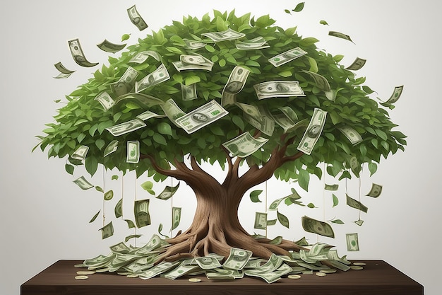 Concepto de negocio de crecimiento de inversiones y finanzas Empresario poniendo una moneda en una maceta y regando un árbol de dinero verde