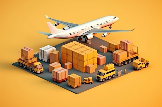 Un concepto de negocio de exportación de importación extranjera isométrica con contenedores de avión y camiones